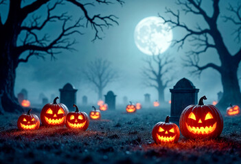 Fototapeta premium Pumpkins in Graveyard on a Spooky Night - Halloween Backdrop