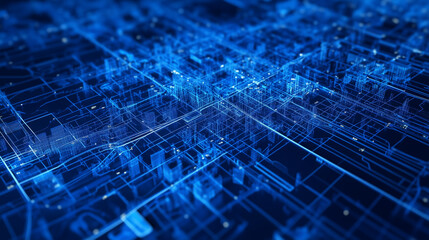 Obraz premium A comprehensive city zoning plan in blueprint form, illustrating mixed-use developments, industrial districts, and transit routes crisscrossing residential areas, all harmonized by