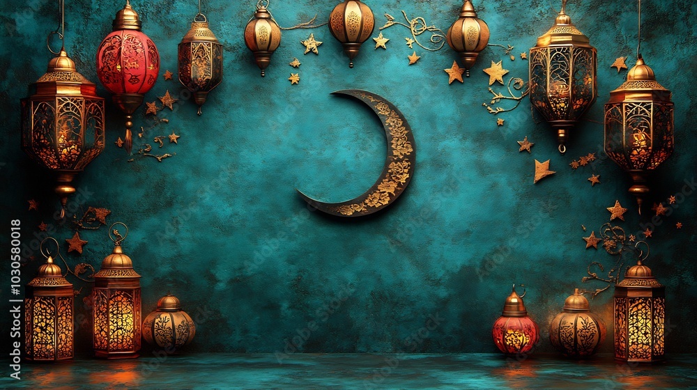 Poster festive paper cut style banner with colorful lanterns arranged in a circular pattern surrounding a c