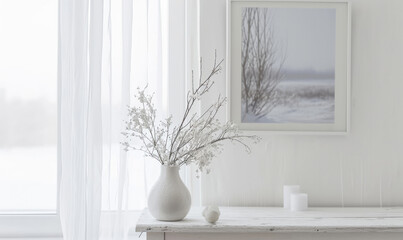 Fototapeta premium A delicate vase adorns a tall white window, resting on a white wooden table. A framed picture of a snowy landscape serves as the background