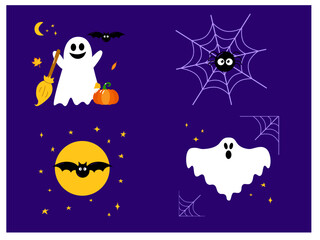 Collection of Halloween scenes with cute and funny fairy cartoon characters - ghost, bat, spider on web, moon, pumpkin. Cartoon colorful vector illustration.
