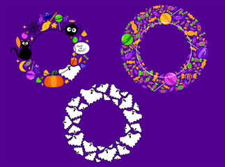 Happy Halloween template frame  set collection or party invitation background. ghost, candy, lollipops, pumpkin round circle frames in cartoon style. Vector. Place text in frame
