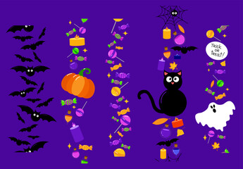 Halloween borders set vertical in cartoon style. Seamless vector pattern borders. Bats, candy, lollipops, pumpkin, black cat, ghost and candles on dark purple background
