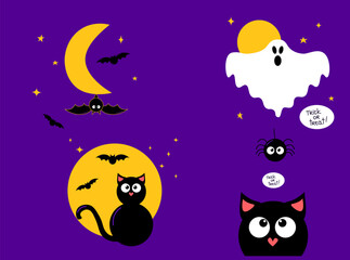 Naklejka premium Halloween. Set of moon illustrations with black cat, ghost, bats and spider. Halloween background, sticker, poster, vector cartoon style postcard. 