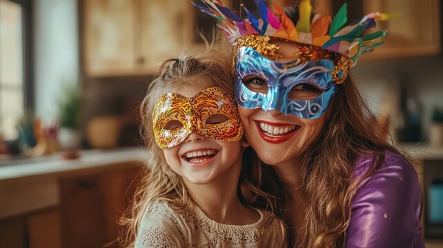 Mother and daughter wearing carnival masks