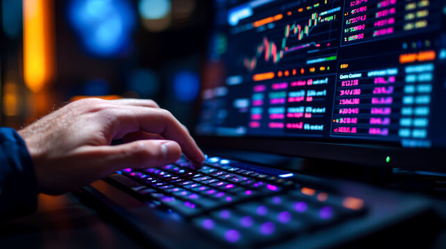 Hand typing on a keyboard with stock market graphs.