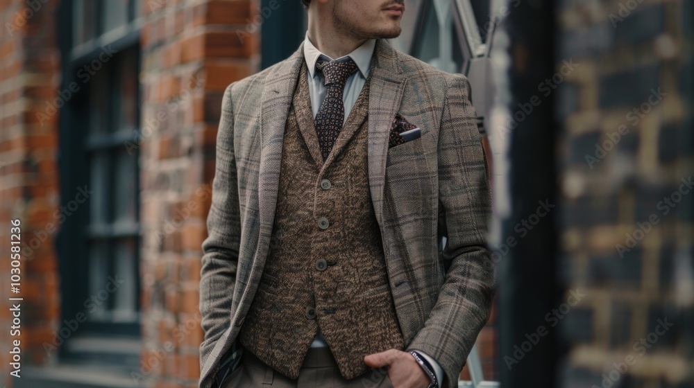 Poster a timeless tweed blazer in muted tones of beige and brown perfect for adding a touch of class to any