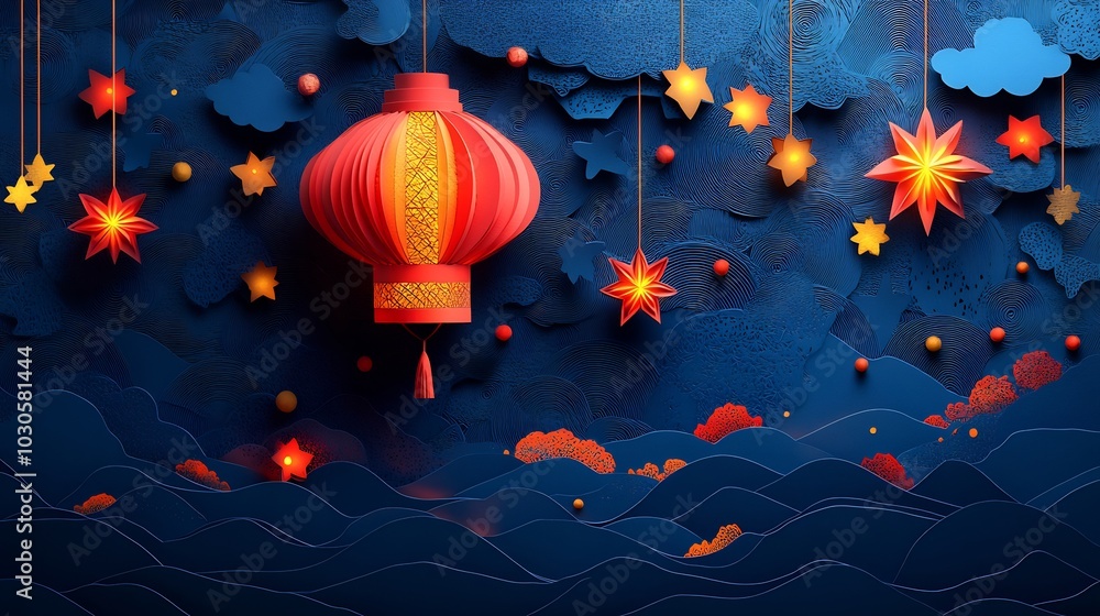 Poster festive paper cut style banner featuring a large central lantern adorned with geometric shapes and c