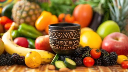 A unity cup (Kikombe cha Umoja) centered, with fruits and vegetables surrounding it, highlighting the Kwanzaa feast