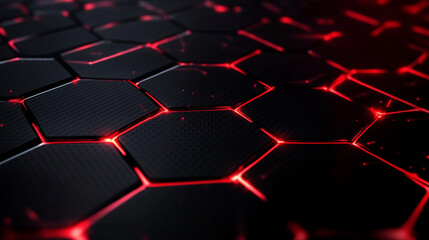 Fototapeta premium A sleek dark hexagonal carbon fiber pattern illuminated by sharp red glowing lines running through the grid, creating a futuristic and high-tech visual effect.