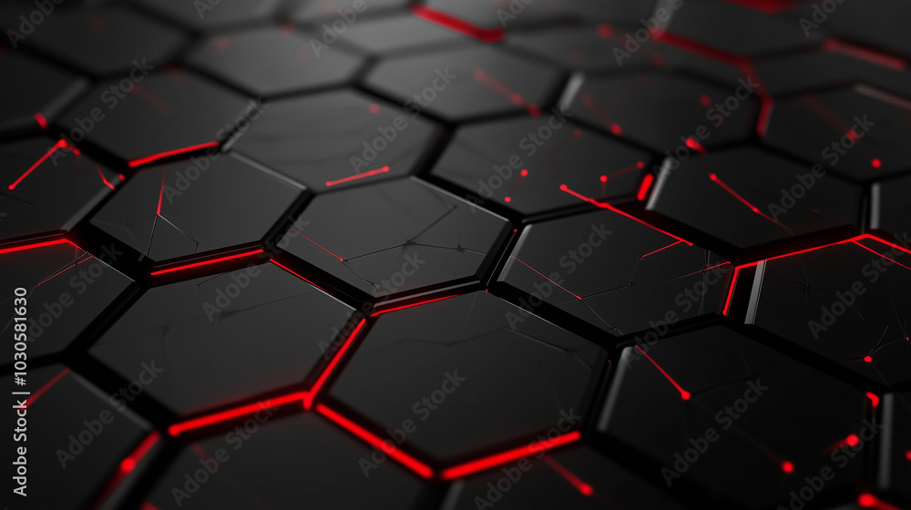 Poster a dark carbon fiber pattern made of interconnected hexagons, with bright red lines glowing from with