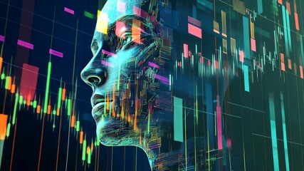A digital representation of a woman's face is shown in front of a stock market chart - Powered by Adobe