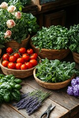 Fresh garden produce displayed in woven baskets on a rustic wooden table