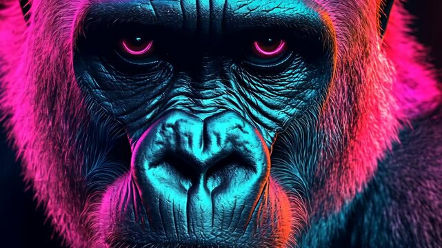 A close-up portrait of a gorilla with glowing pink eyes and blue fur