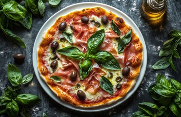 Delicious homemade pizza topped with basil, olives, and prosciutto on a wooden table