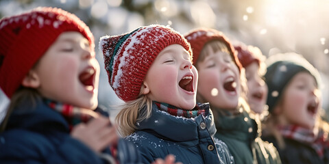 Obraz premium Cheerful children doing door-to-door carol singing on Christmas eve. Group of kids caroling on the street during festive holidays. Traditional Christmas activities.