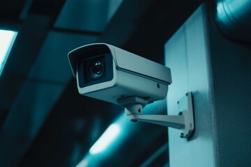 Security Camera on Wall Capturing Surveillance in Modern Urban Setting with Cool Tones