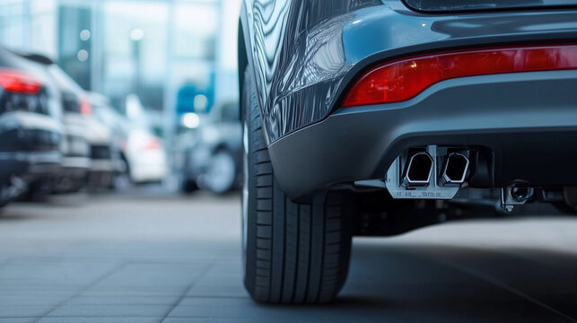 A close-up view of a trailer hitch attached to a car in a dealership, promoting trailer rental and sales services, with a focus on the quality and reliability of the coupling devic