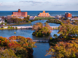 Autumn in Asbury Park over Sunset Lake looking towards convention hall