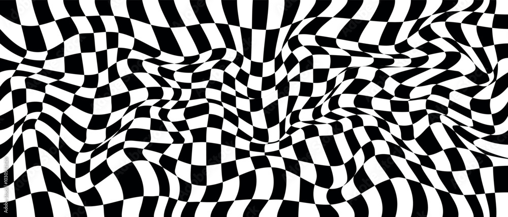 Poster vector optical illusion with black and white squares. abstract curve wave background.