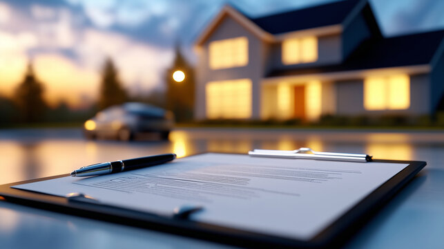 A detailed view of a clipboard with mortgage documents and a pen nearby, a faintly visible home glowing in the background under the evening sky, representing the process of buying