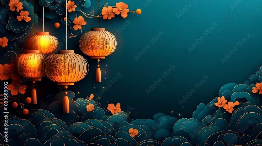 Aufkleber festive paper cut style design featuring large lanterns with gold accents and swirling patterns hang