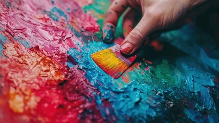Vibrant artistic expression a close-up of a hand skillfully blending colors on a canvas to create a masterpiece