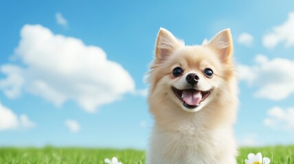 Happy dog in a sunny green field.