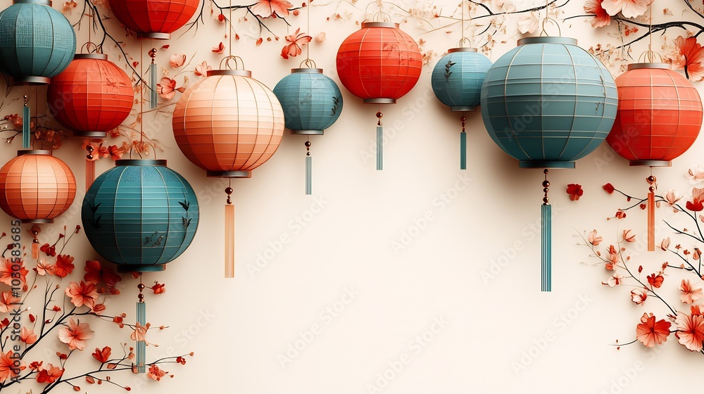 Poster festive paper cut style design featuring an array of colorful lanterns with decorative patterns on a