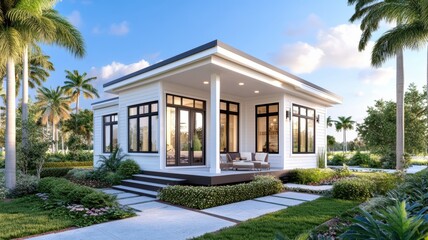 Modern house surrounded by palm trees