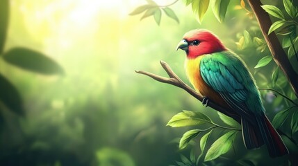 Obraz premium colored beautiful bird sitting on the tree in the jungle colored wild bird colored wild bird sitting on the branch of tree in jungle