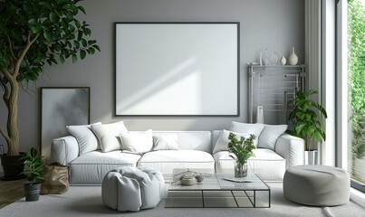 The living room interior is adorned with various elements such as a mock up poster frame, a white sofa, a modern pouf, a glass coffee table, a vase with a branch, a stylish rack, and silver personal