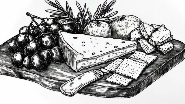 A pen-and-ink drawing of a cheeseboard with grapes, crackers, and a small knife, on a white background