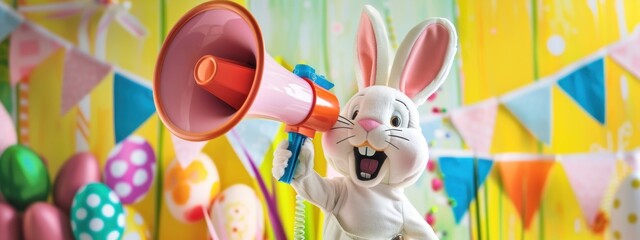 Fototapeta premium Excited cartoon bunny with megaphone celebrating Easter amid colorful decorations