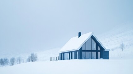 A modern, black and white house stands on a snow-covered hill with a minimalist design.