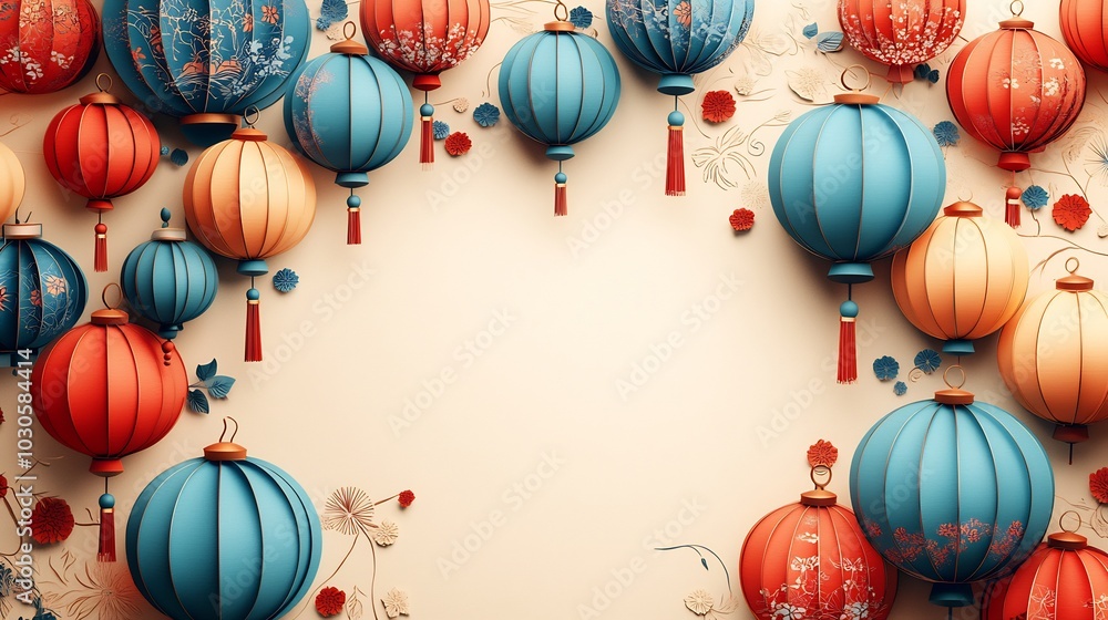 Poster festive paper cut style design featuring an array of colorful lanterns with decorative patterns on a