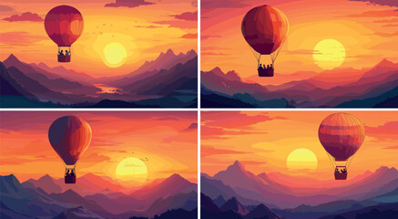 Air balloon romantic couple flying cartoon vector concepts. Hot aerostat basket man woman group together characters forest mountain valley panoramic sunset horizon love soaring journey landscape