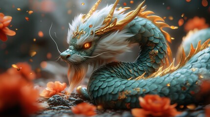 emerald green dragon, with red camellia flowers in the background, a golden and colorful color scheme