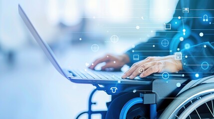 Person using laptop on wheelchair with digital interface overlay