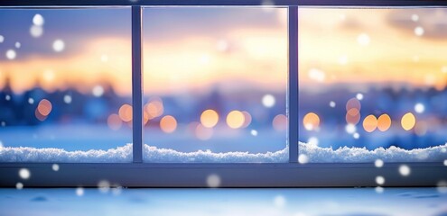 Winter wonderland at sunset through snowy window with falling snowflakes and city lights bokeh