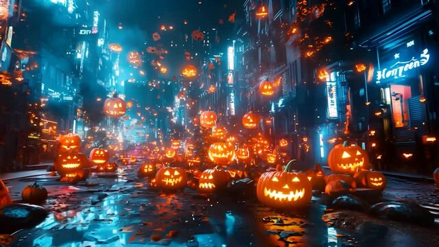 ジャック・オ・ランタンが街を埋め尽くすサイバーパンクハロウィン / Cyberpunk Halloween with Streets Full of Jack-o'-Lanterns generative AI