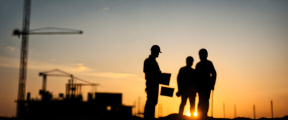Engineer and construction team silhouettes working at site over blurred background