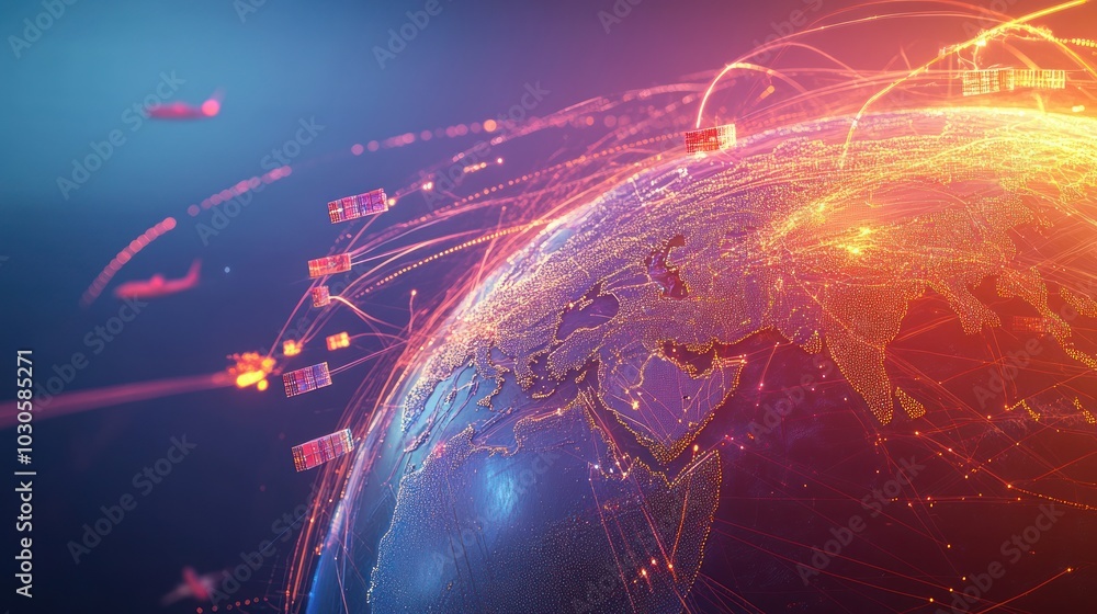 Poster a digital representation of global connectivity and technology with network lines over a globe.