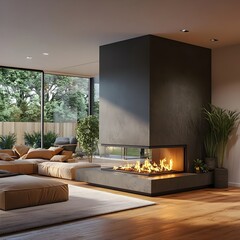 Cozy and Contemporary Living Room with Fireplace and Lush Greenery