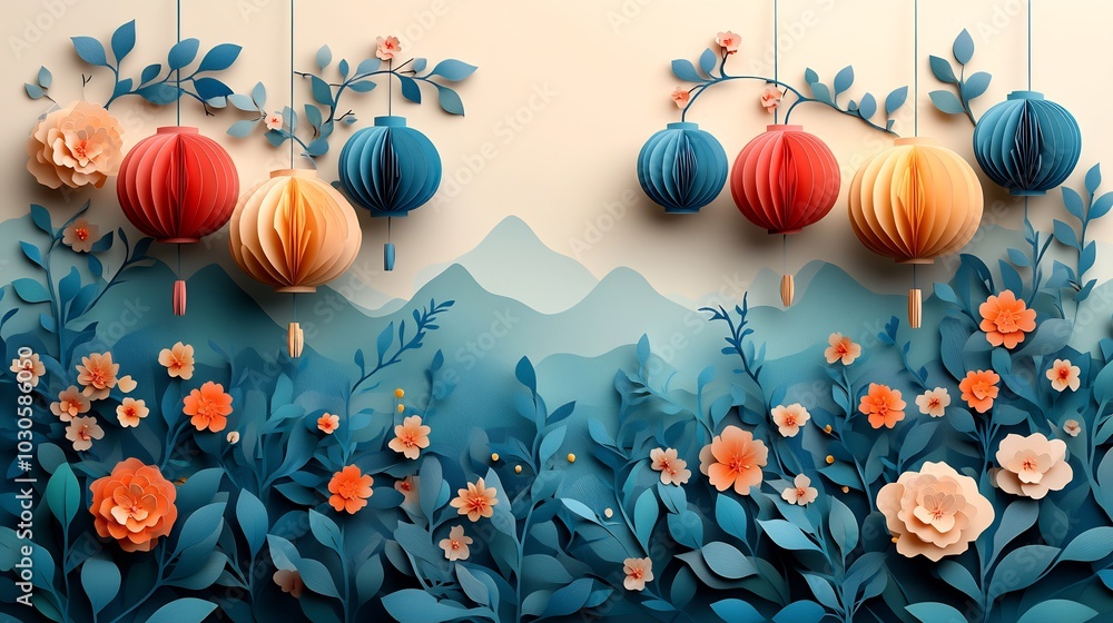 Poster festive paper cut style illustration displaying multiple colorful lanterns geometric patterns framed