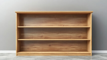 Fototapeta premium A wooden shelf with three shelves is empty. The shelf is made of wood and is standing on a concrete floor