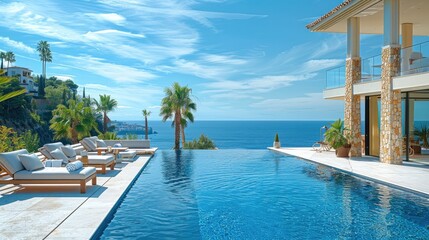 Naklejka na ściany i meble Luxury villa with palm trees and sea view, sunny day, blue sky.