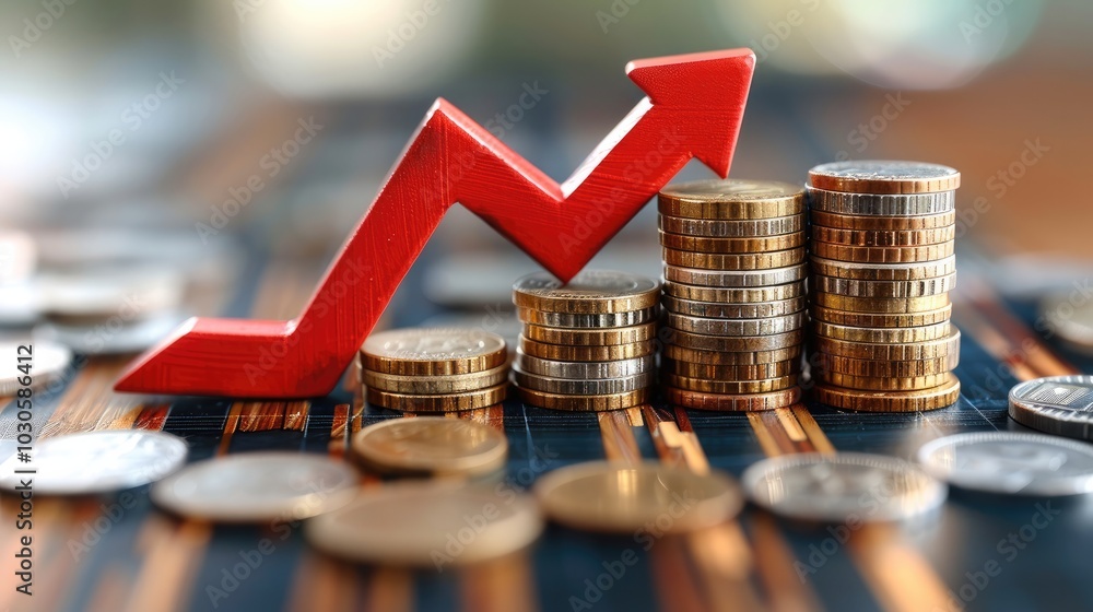 Aufkleber coin stack with a red downward arrow symbolizing financial uncertainty caused by falling interest ra