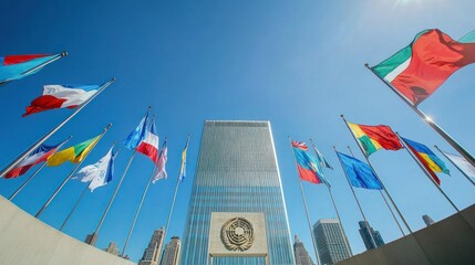United Nations headquarters with flags representing member nations against a clear blue sky.