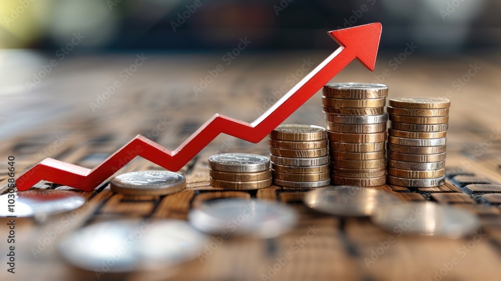 Poster coin stack with a red downward arrow symbolizing financial uncertainty caused by falling interest ra
